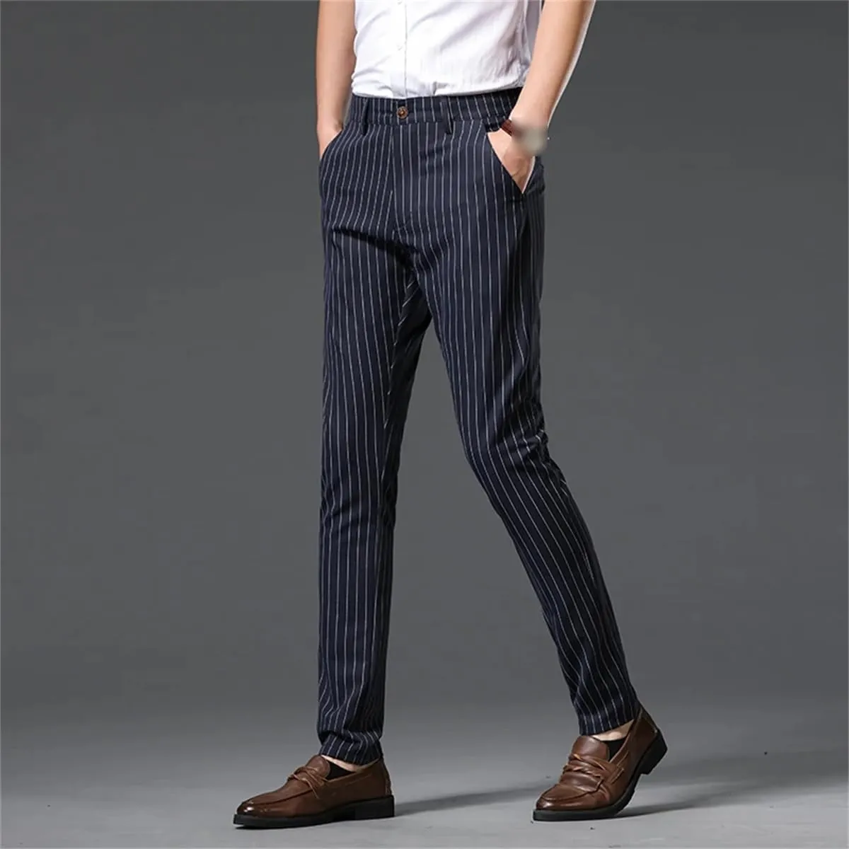 Kelsiop Summer Striped Trousers Men's Formal Business Burgundy Gray Navy Blue Black Slim-Fitting Non-Iron Luxury Trousers