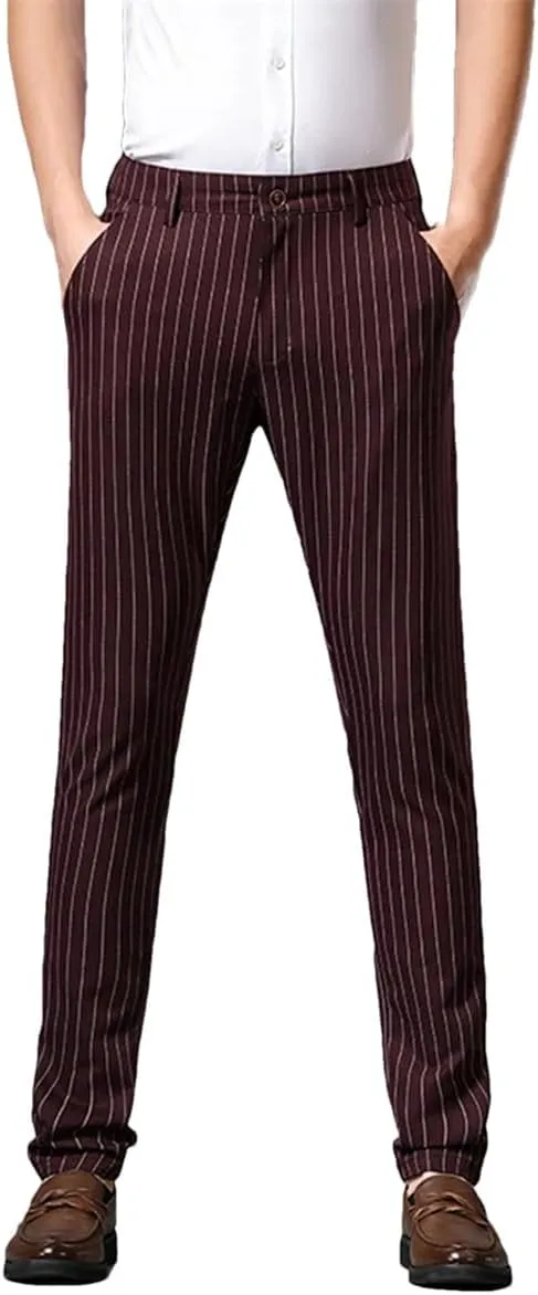 Kelsiop Summer Striped Trousers Men's Formal Business Burgundy Gray Navy Blue Black Slim-Fitting Non-Iron Luxury Trousers