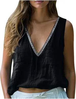 Linen Sleeveless Tank Tops for Women Lace Trim V Neck Basic Summer Blouse Cute Loose Tunic Shirts