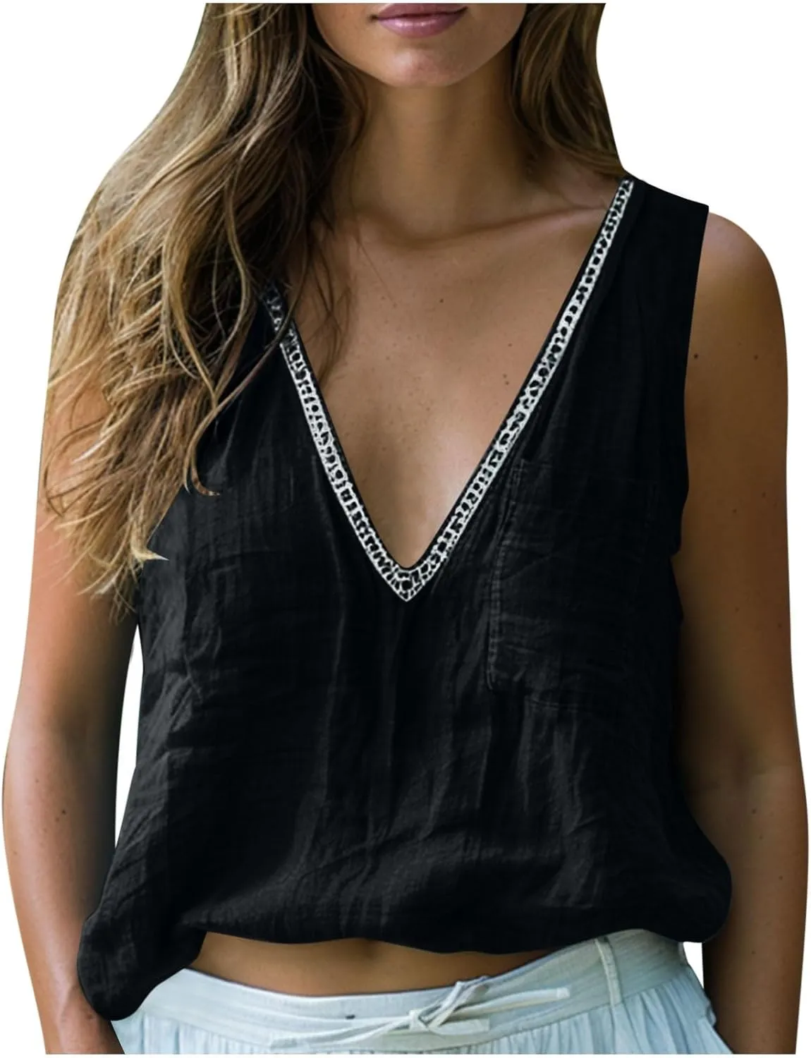 Linen Sleeveless Tank Tops for Women Lace Trim V Neck Basic Summer Blouse Cute Loose Tunic Shirts