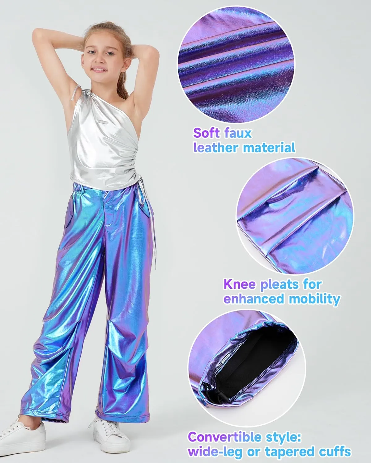 LOLANTA Girls Metallic Jogger Pants, Shiny Jazz Street Hip Hop Dance Pants 7-16, Convertible Leg Opening
