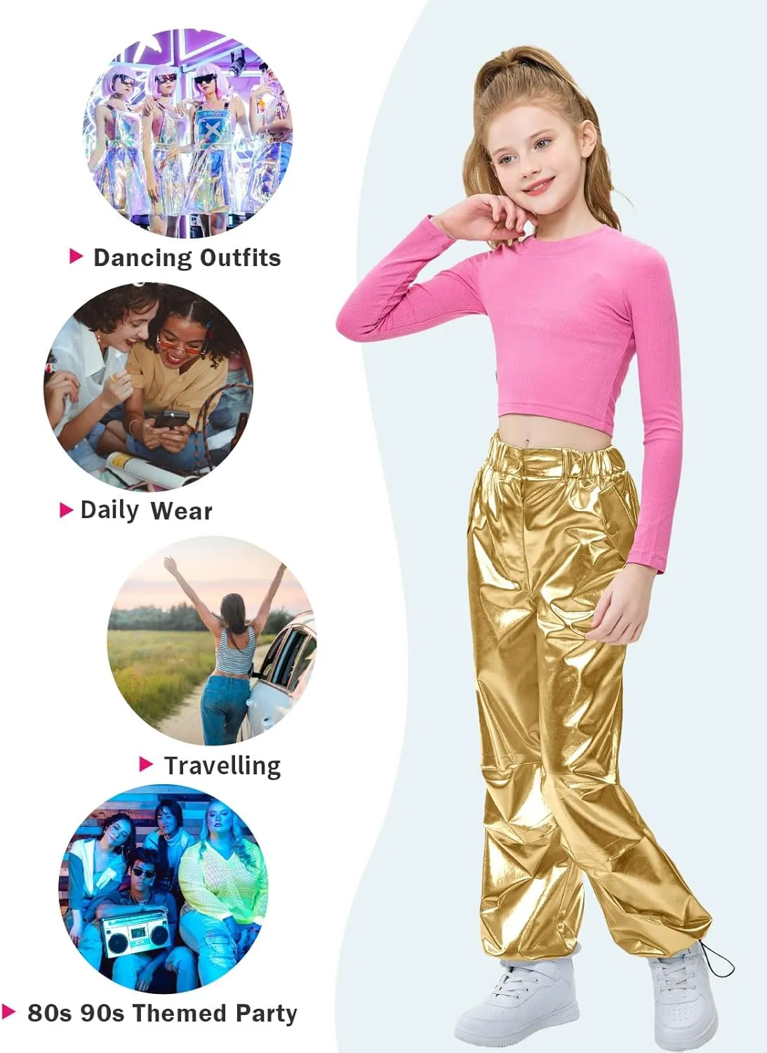 LOLANTA Girls Metallic Jogger Pants, Shiny Jazz Street Hip Hop Dance Pants 7-16, Convertible Leg Opening
