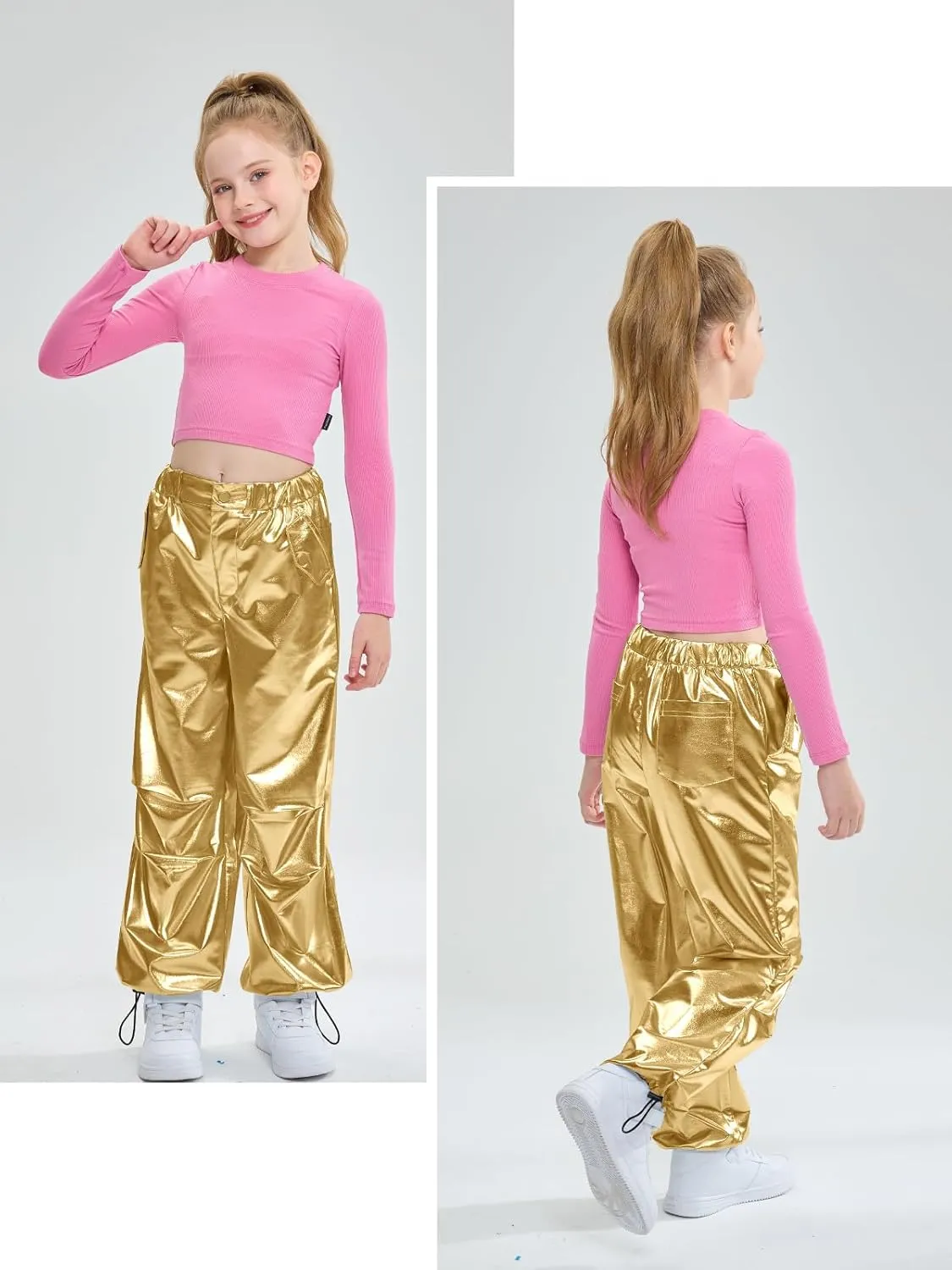 LOLANTA Girls Metallic Jogger Pants, Shiny Jazz Street Hip Hop Dance Pants 7-16, Convertible Leg Opening