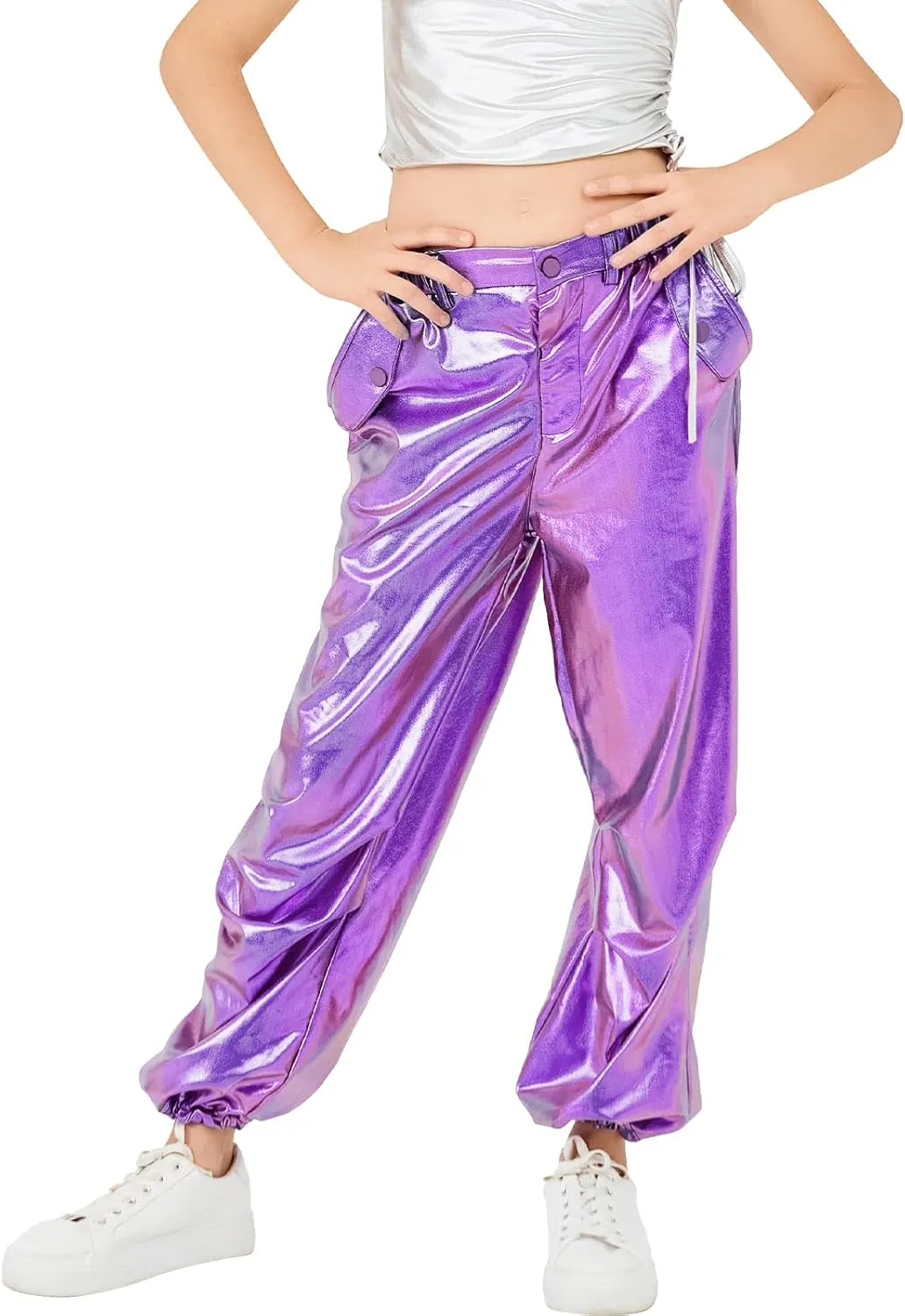 LOLANTA Girls Metallic Jogger Pants, Shiny Jazz Street Hip Hop Dance Pants 7-16, Convertible Leg Opening