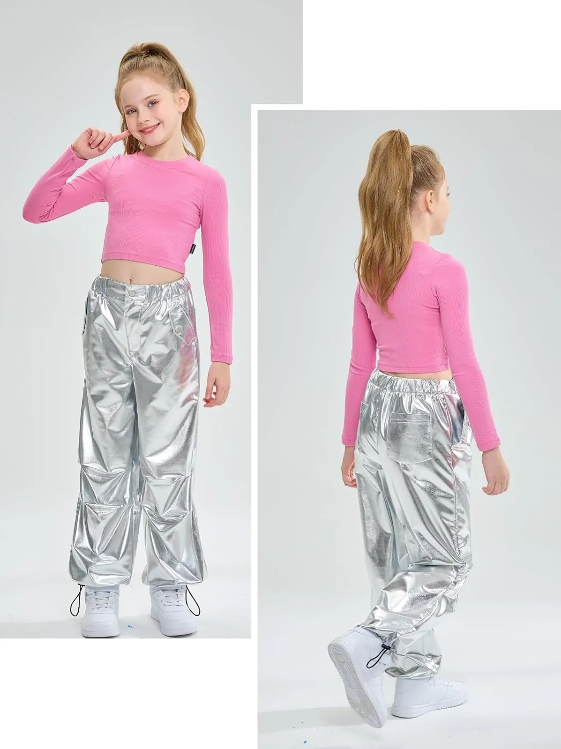 LOLANTA Girls Metallic Jogger Pants, Shiny Jazz Street Hip Hop Dance Pants 7-16, Convertible Leg Opening