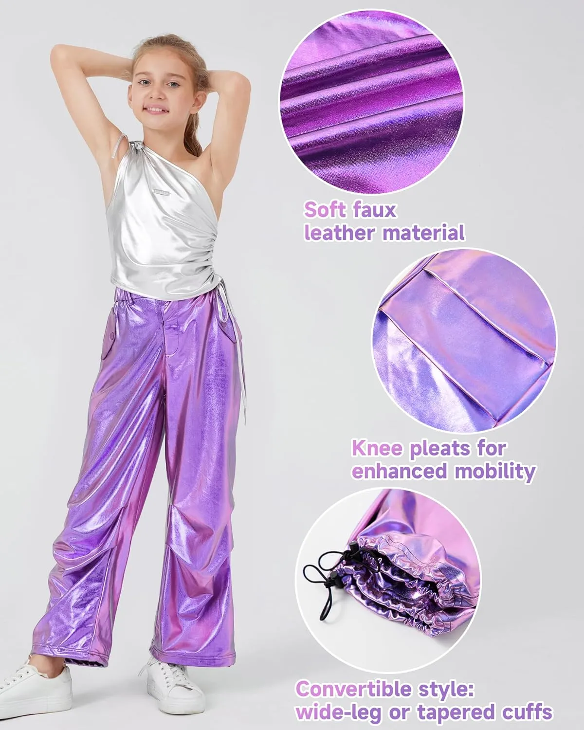 LOLANTA Girls Metallic Jogger Pants, Shiny Jazz Street Hip Hop Dance Pants 7-16, Convertible Leg Opening