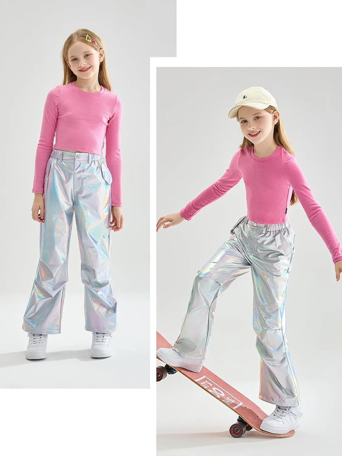 LOLANTA Girls Metallic Jogger Pants, Shiny Jazz Street Hip Hop Dance Pants 7-16, Convertible Leg Opening