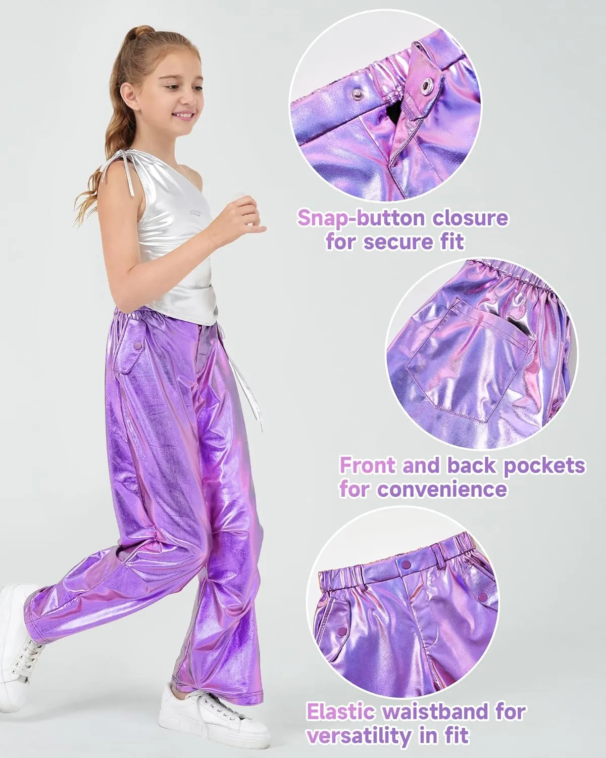 LOLANTA Girls Metallic Jogger Pants, Shiny Jazz Street Hip Hop Dance Pants 7-16, Convertible Leg Opening