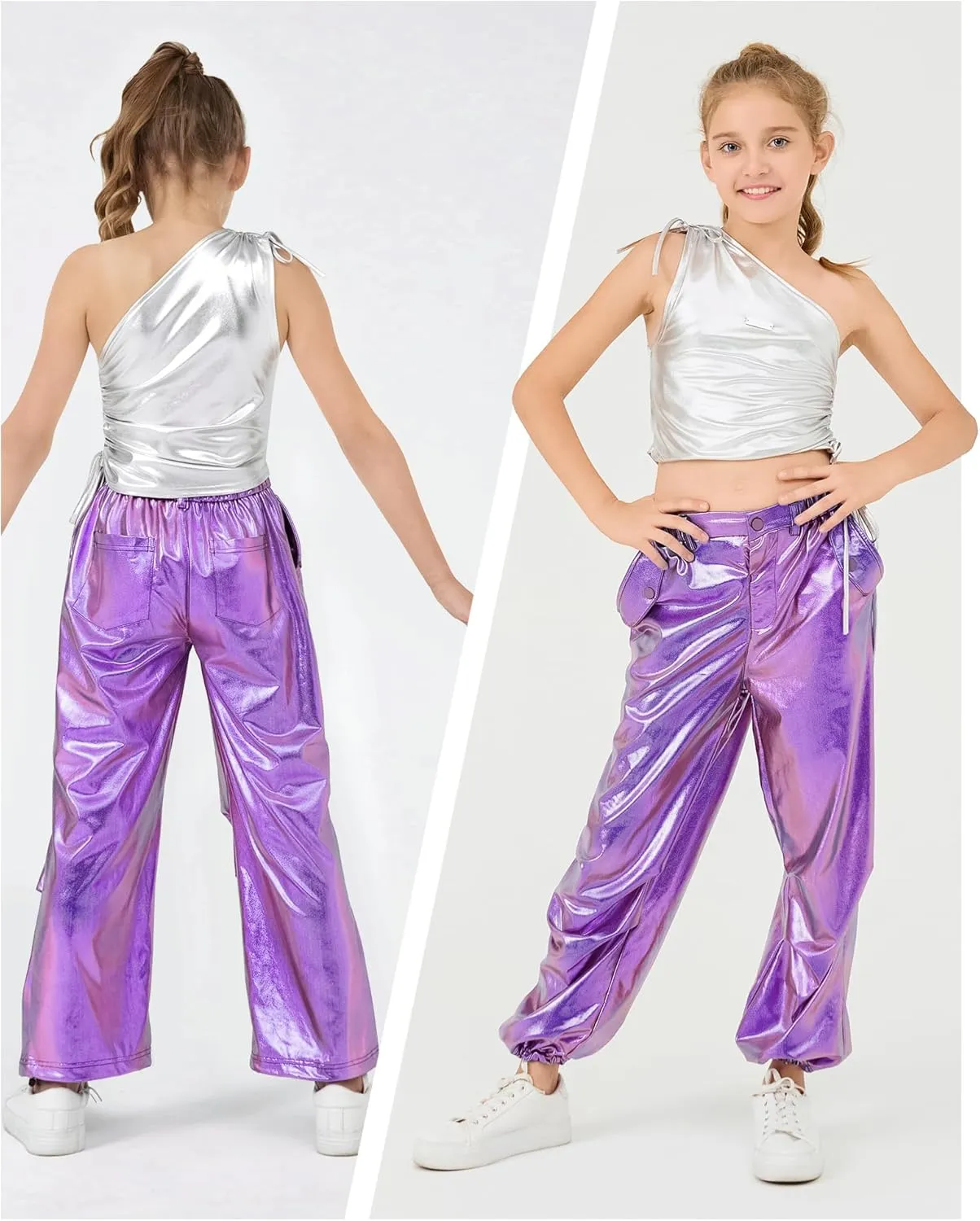 LOLANTA Girls Metallic Jogger Pants, Shiny Jazz Street Hip Hop Dance Pants 7-16, Convertible Leg Opening