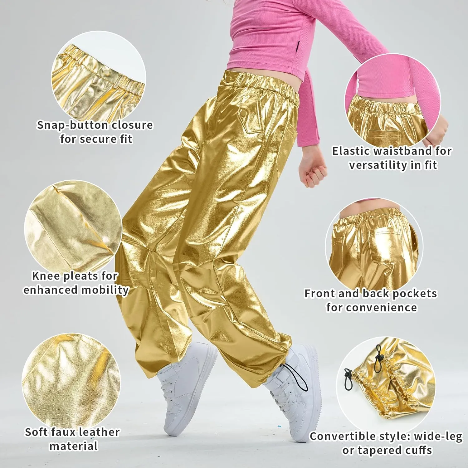 LOLANTA Girls Metallic Jogger Pants, Shiny Jazz Street Hip Hop Dance Pants 7-16, Convertible Leg Opening