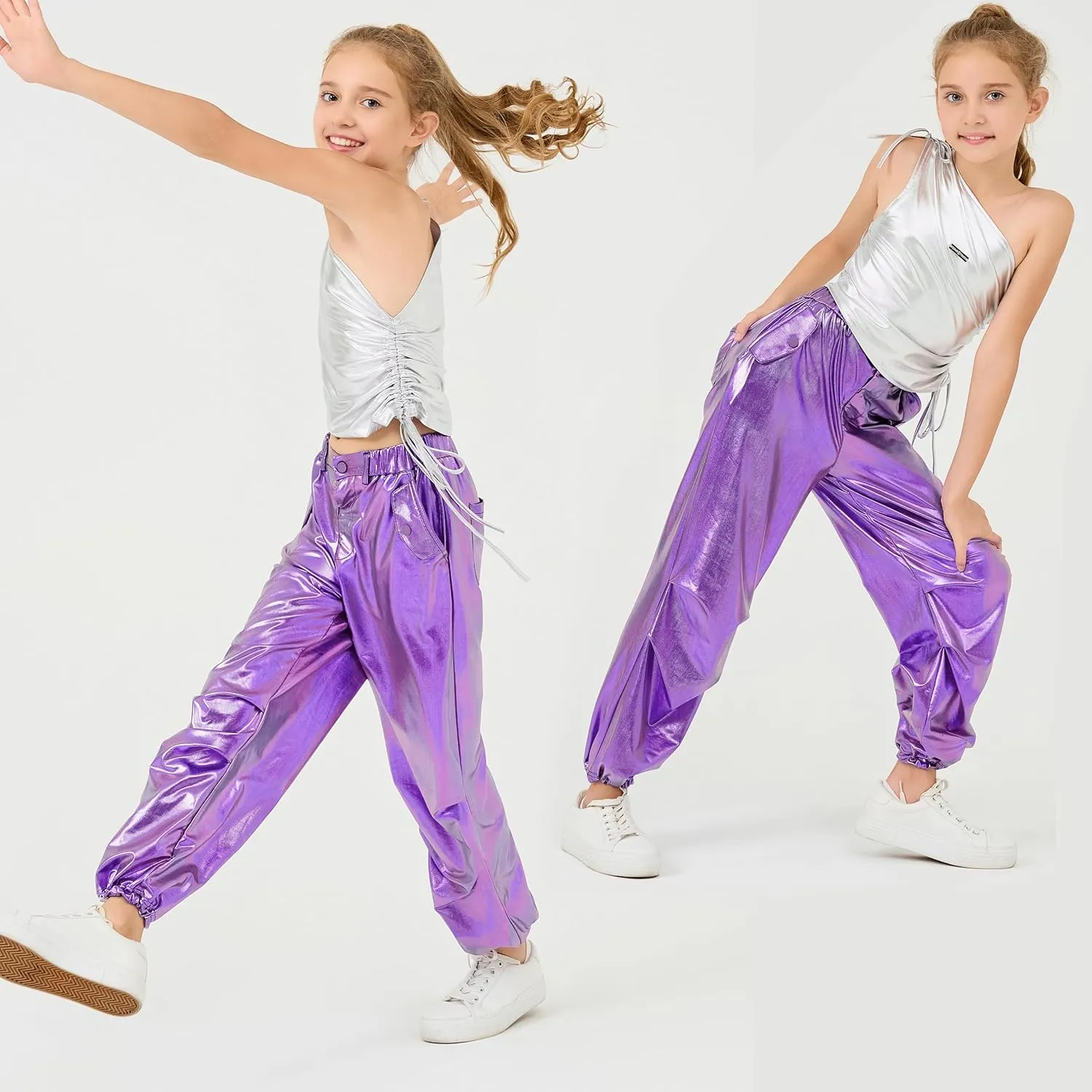 LOLANTA Girls Metallic Jogger Pants, Shiny Jazz Street Hip Hop Dance Pants 7-16, Convertible Leg Opening