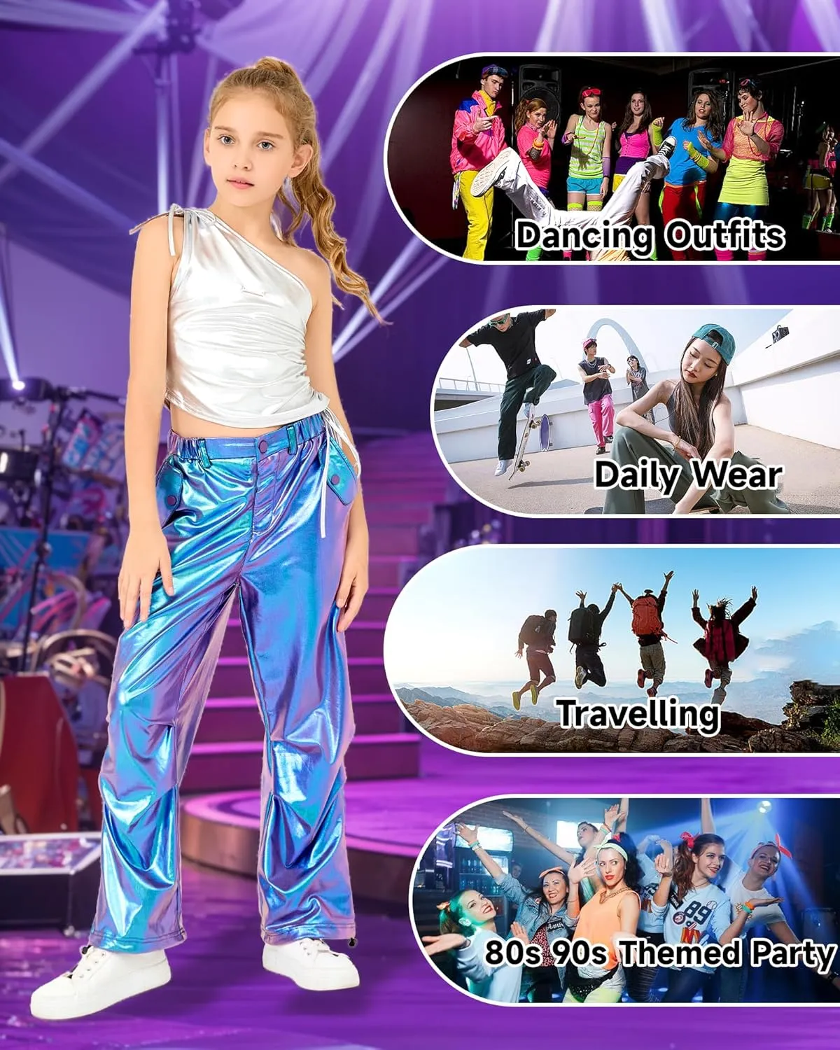 LOLANTA Girls Metallic Jogger Pants, Shiny Jazz Street Hip Hop Dance Pants 7-16, Convertible Leg Opening