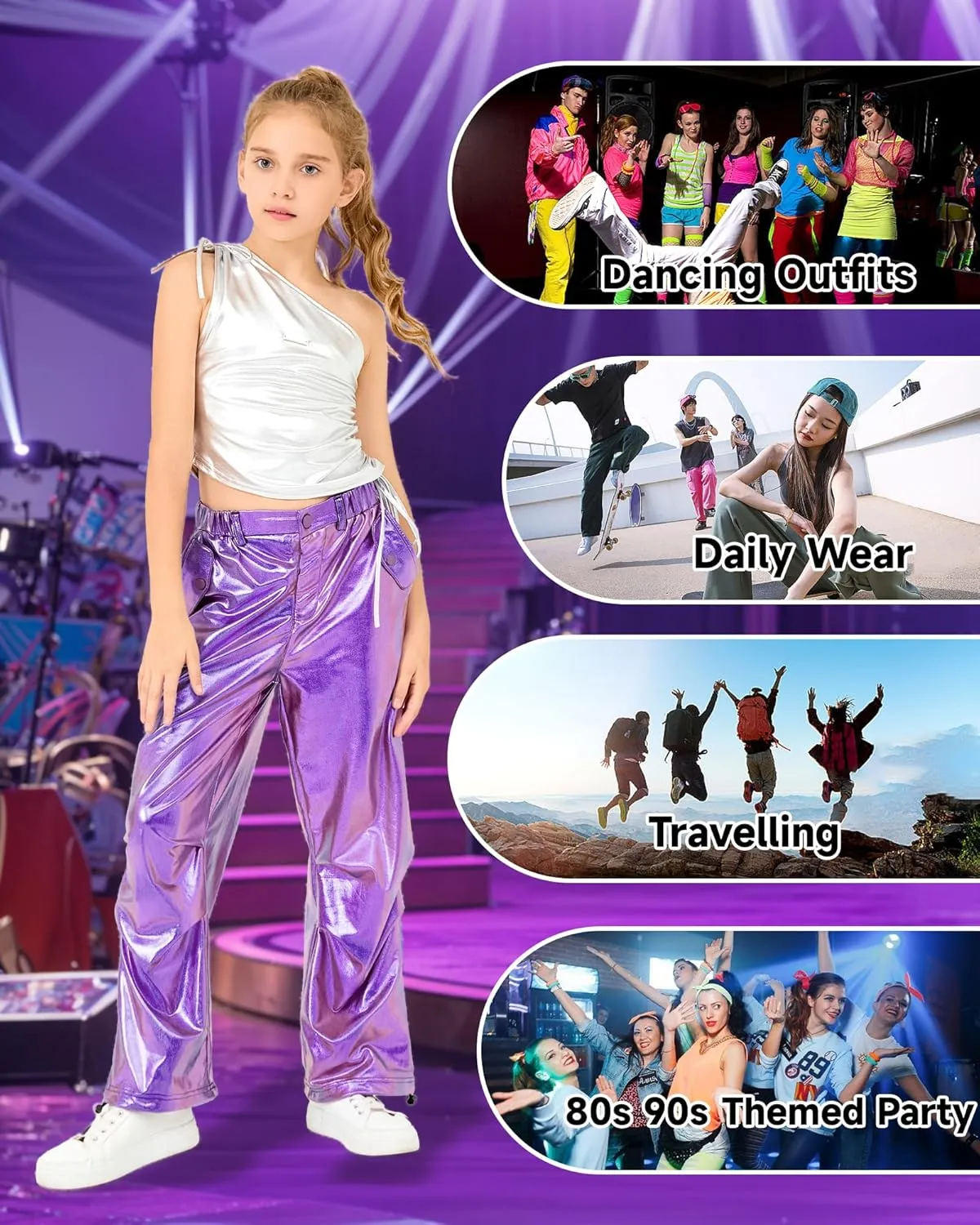 LOLANTA Girls Metallic Jogger Pants, Shiny Jazz Street Hip Hop Dance Pants 7-16, Convertible Leg Opening