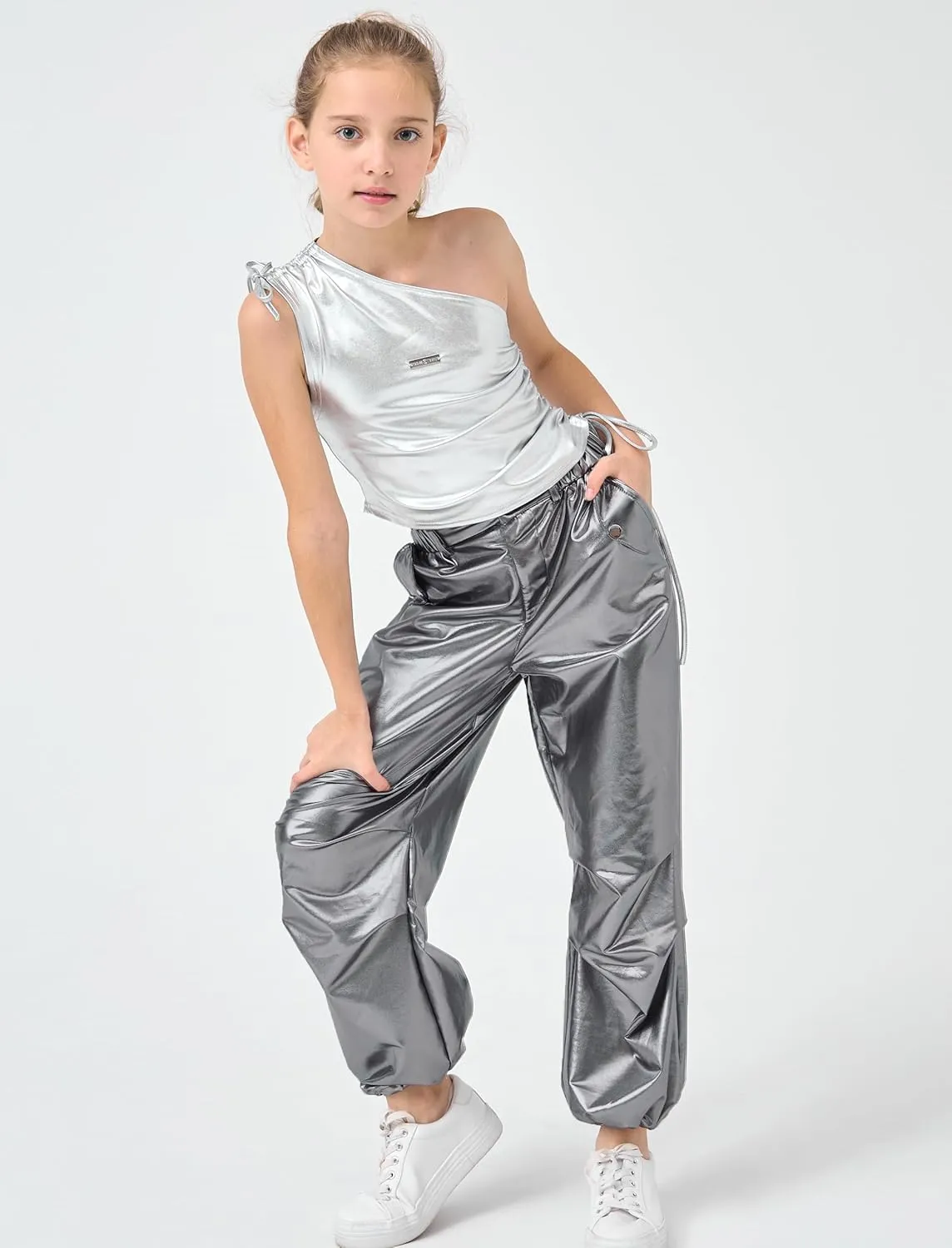 LOLANTA Girls Metallic Jogger Pants, Shiny Jazz Street Hip Hop Dance Pants 7-16, Convertible Leg Opening
