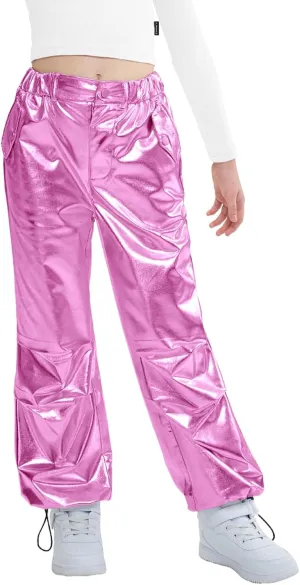 LOLANTA Girls Metallic Jogger Pants, Shiny Jazz Street Hip Hop Dance Pants 7-16, Convertible Leg Opening