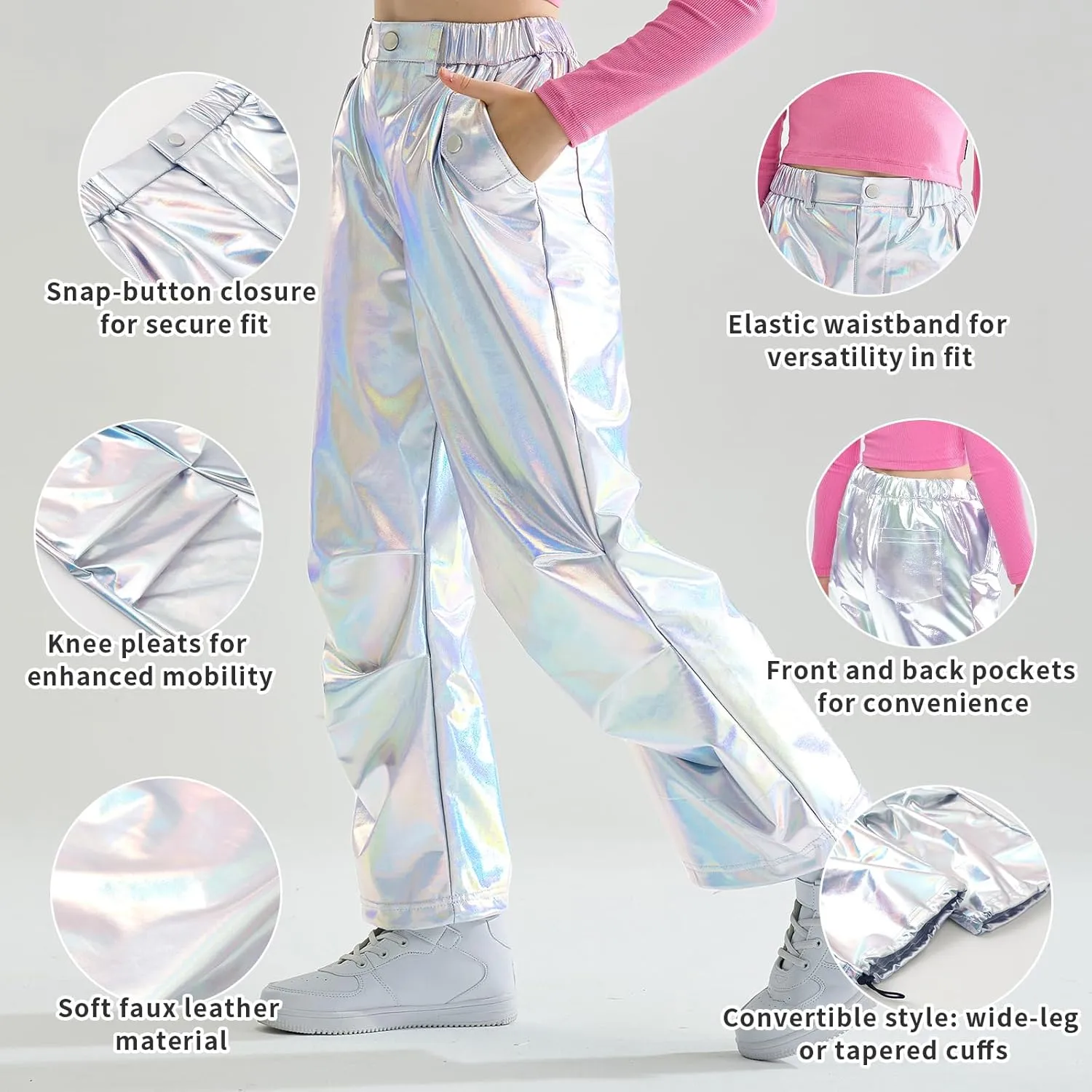 LOLANTA Girls Metallic Jogger Pants, Shiny Jazz Street Hip Hop Dance Pants 7-16, Convertible Leg Opening