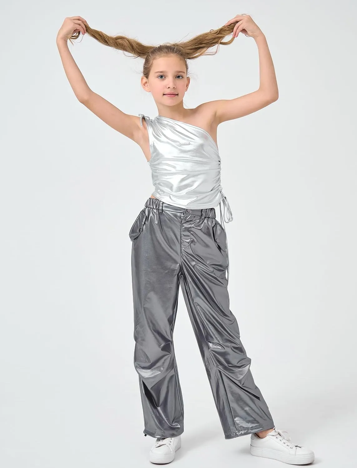 LOLANTA Girls Metallic Jogger Pants, Shiny Jazz Street Hip Hop Dance Pants 7-16, Convertible Leg Opening