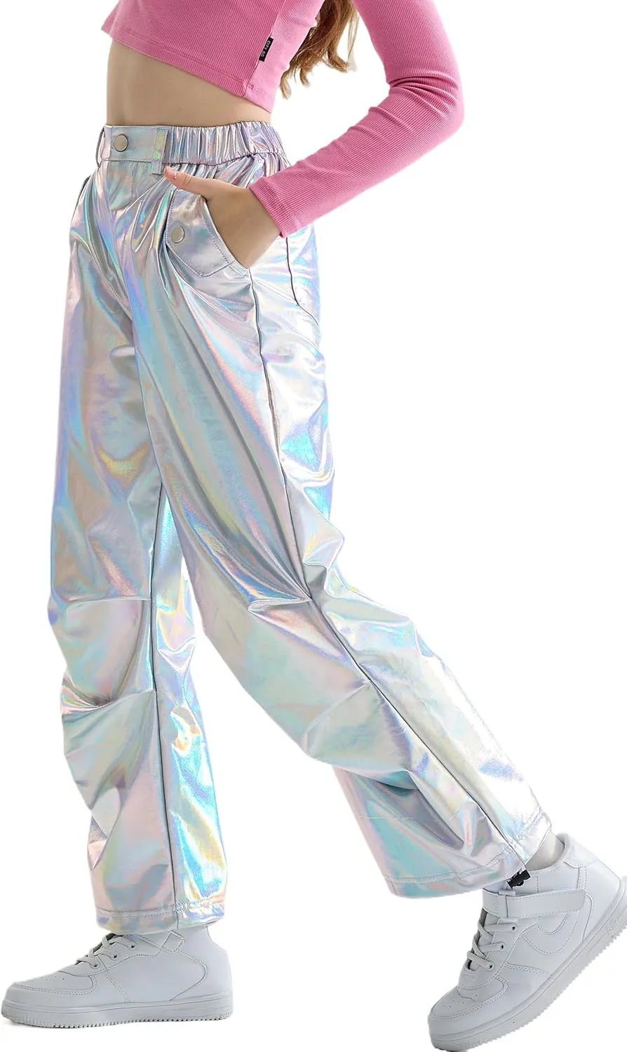 LOLANTA Girls Metallic Jogger Pants, Shiny Jazz Street Hip Hop Dance Pants 7-16, Convertible Leg Opening