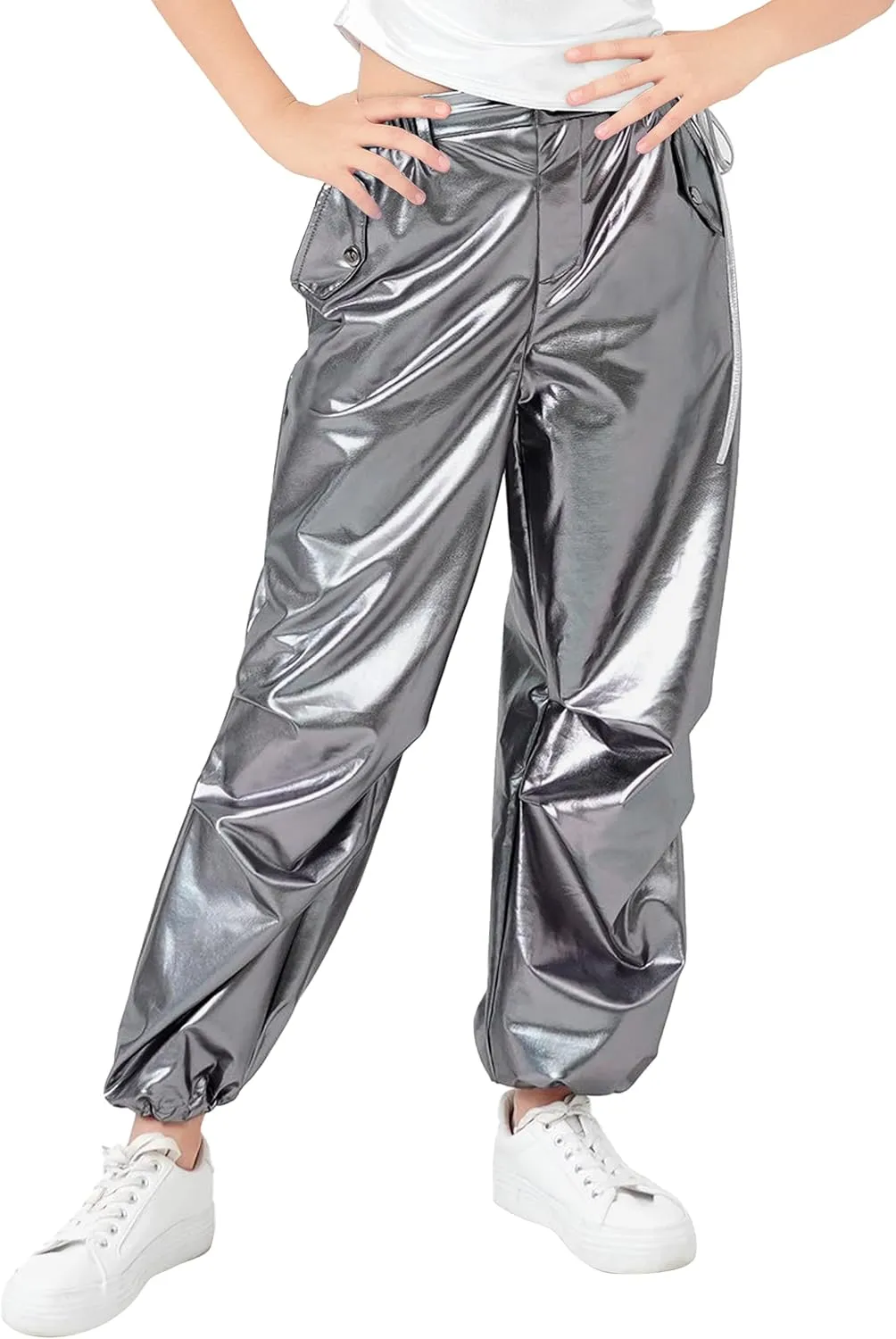 LOLANTA Girls Metallic Jogger Pants, Shiny Jazz Street Hip Hop Dance Pants 7-16, Convertible Leg Opening