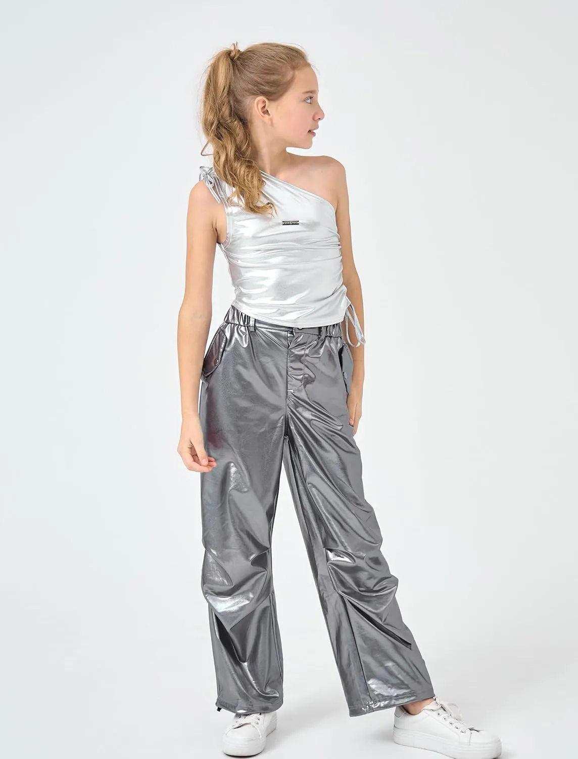 LOLANTA Girls Metallic Jogger Pants, Shiny Jazz Street Hip Hop Dance Pants 7-16, Convertible Leg Opening