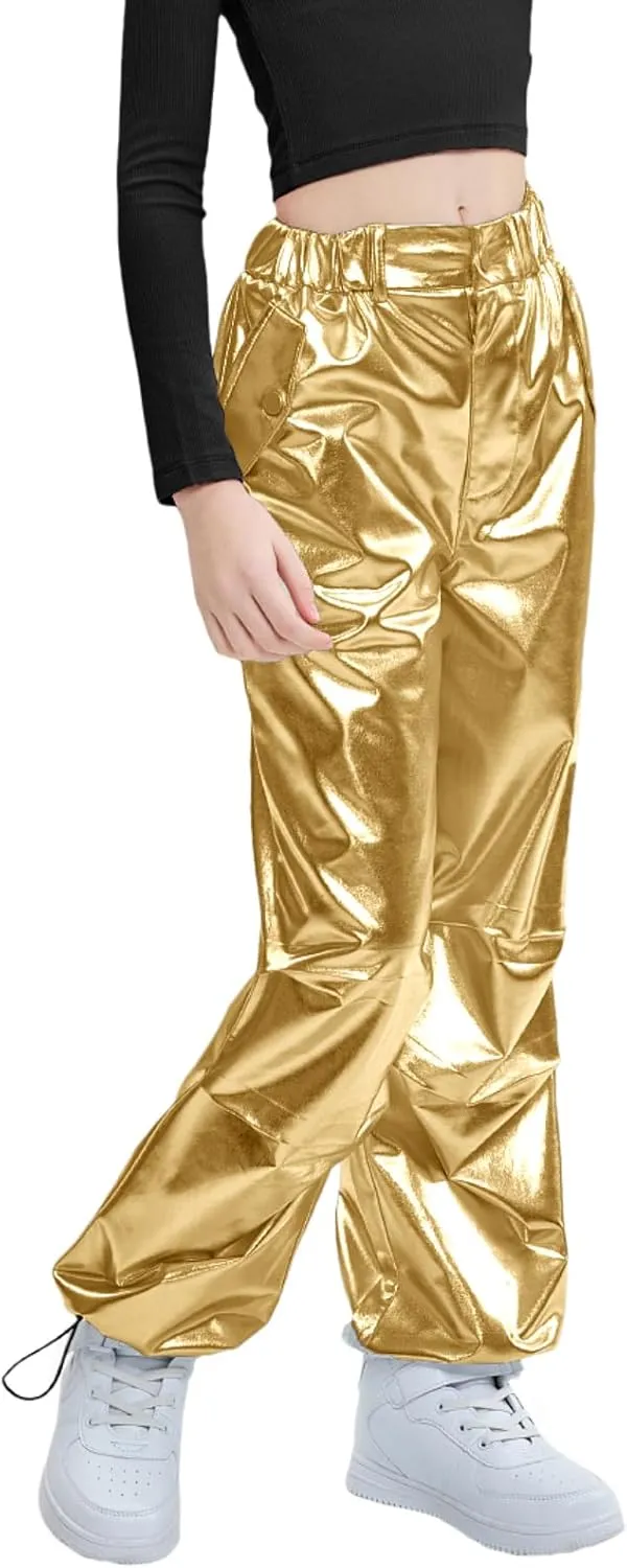 LOLANTA Girls Metallic Jogger Pants, Shiny Jazz Street Hip Hop Dance Pants 7-16, Convertible Leg Opening