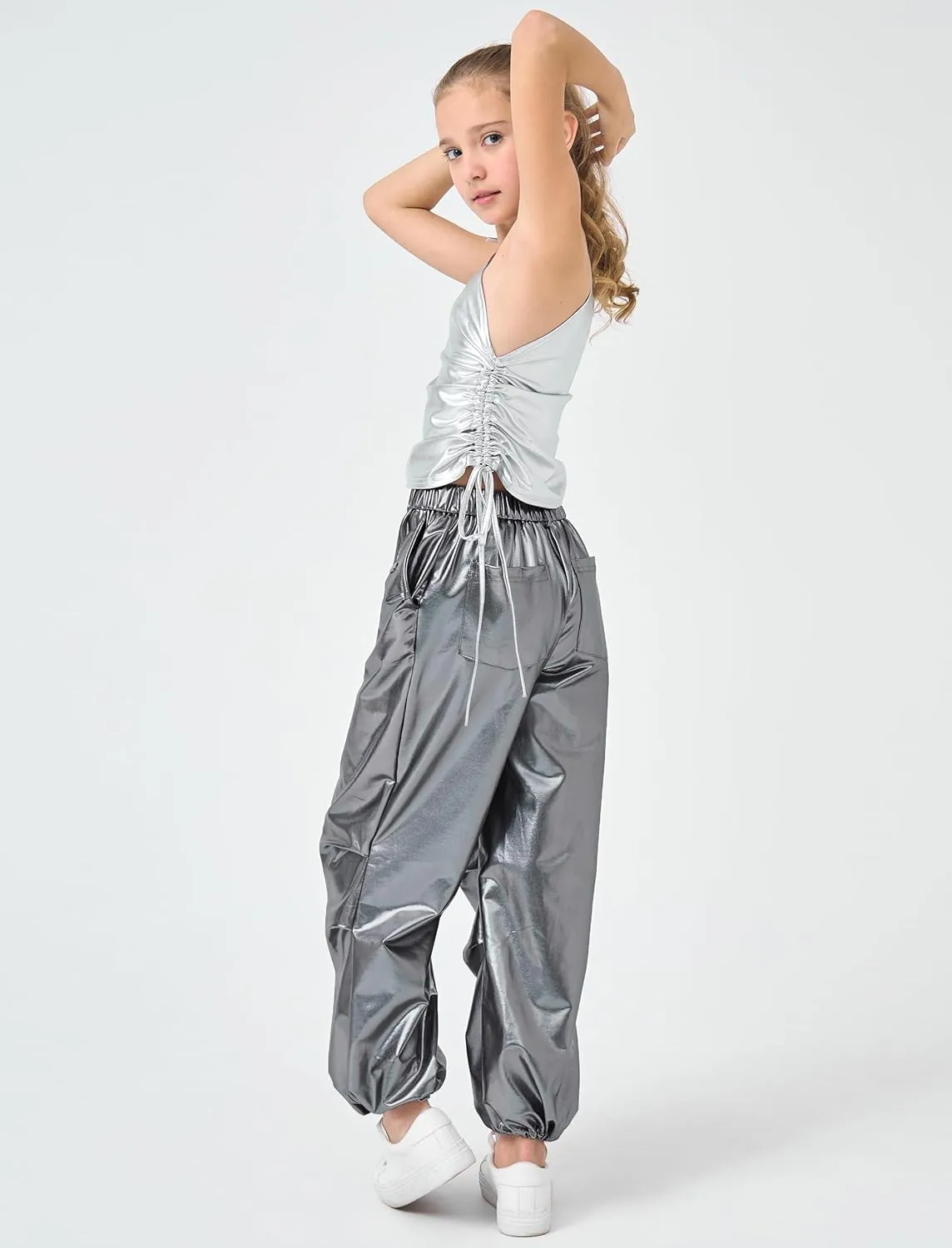 LOLANTA Girls Metallic Jogger Pants, Shiny Jazz Street Hip Hop Dance Pants 7-16, Convertible Leg Opening
