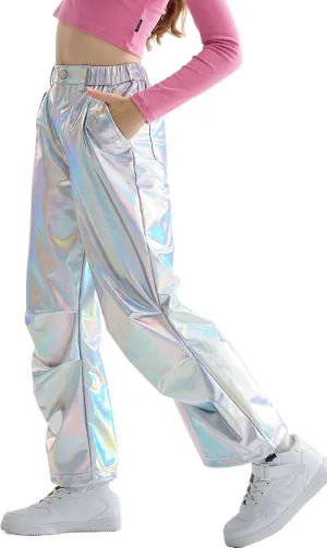 LOLANTA Girls Metallic Jogger Pants, Shiny Jazz Street Hip Hop Dance Pants 7-16, Convertible Leg Opening