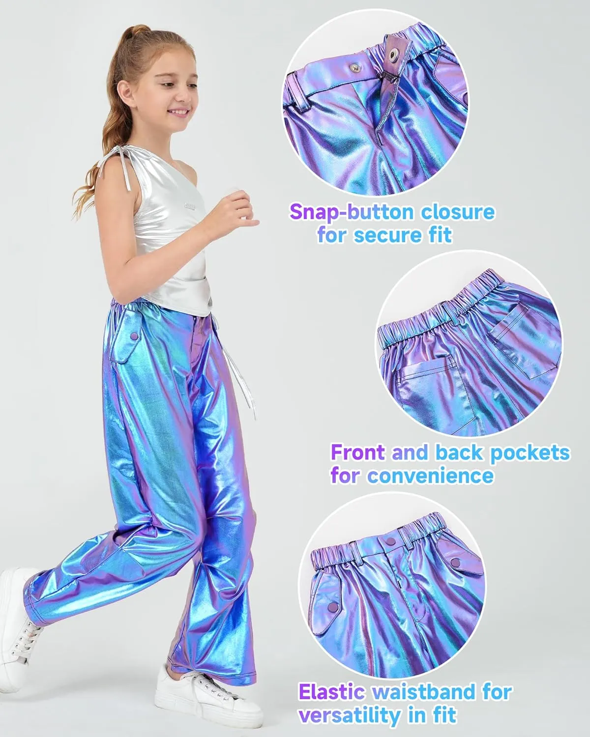LOLANTA Girls Metallic Jogger Pants, Shiny Jazz Street Hip Hop Dance Pants 7-16, Convertible Leg Opening
