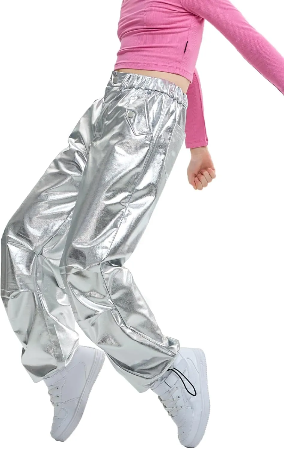 LOLANTA Girls Metallic Jogger Pants, Shiny Jazz Street Hip Hop Dance Pants 7-16, Convertible Leg Opening