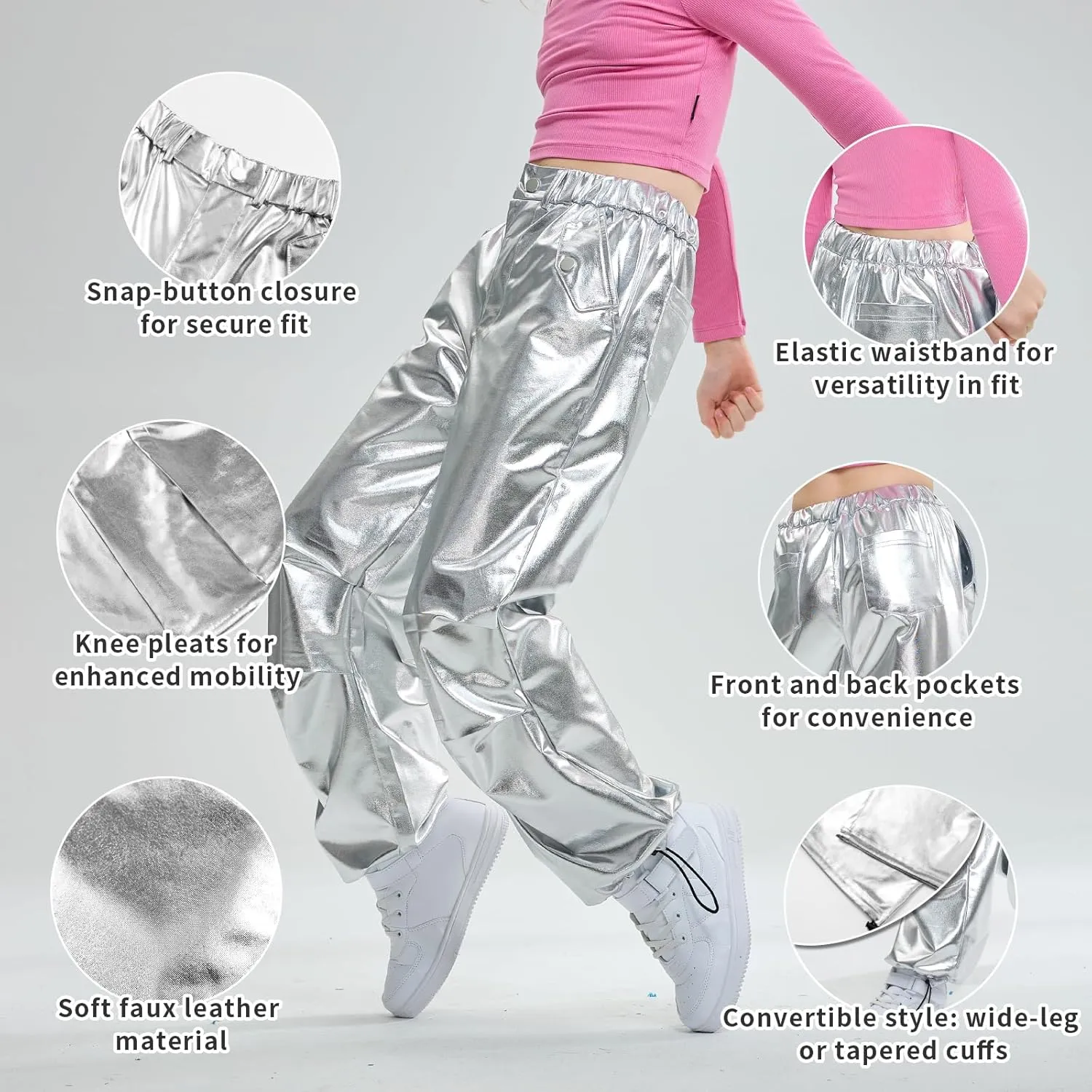 LOLANTA Girls Metallic Jogger Pants, Shiny Jazz Street Hip Hop Dance Pants 7-16, Convertible Leg Opening