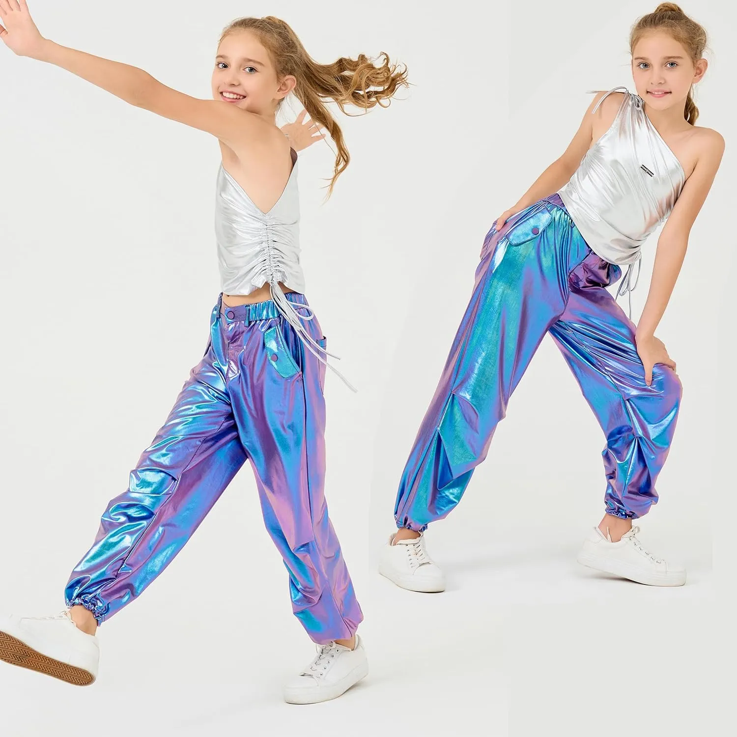 LOLANTA Girls Metallic Jogger Pants, Shiny Jazz Street Hip Hop Dance Pants 7-16, Convertible Leg Opening
