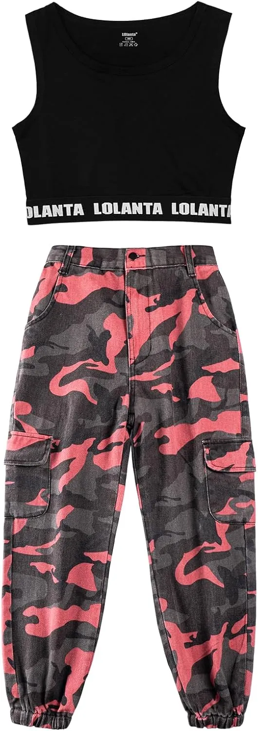 lontakids Girls Hip Hop Clothes 2 Piece Outfits Crop Tops Camouflage Jogger Pants Set Jazz Street Dancewear