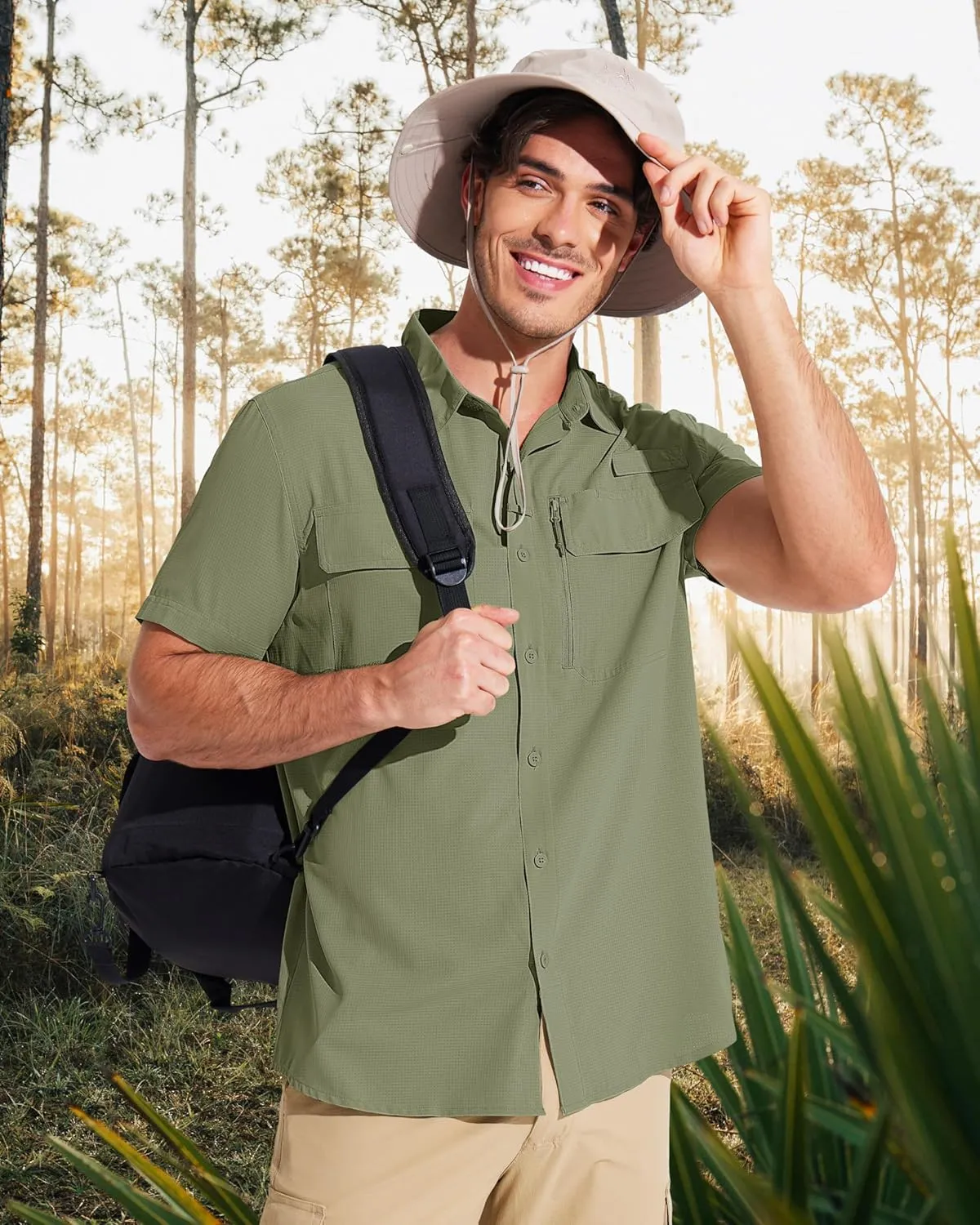 MAGCOMSEN Men's Fishing Shirts UPF 50  Short Sleeve Sun Protection Shirts Quick Dry Cooling Button Down Shirt Hiking Safari