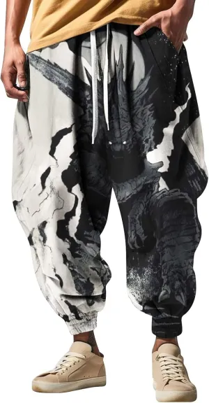 Men Hippie Harem Pants Men's Autumn Fun Print Fashion Street Feel Casual Sweatpants Cotton Drawstring Cargo Pants