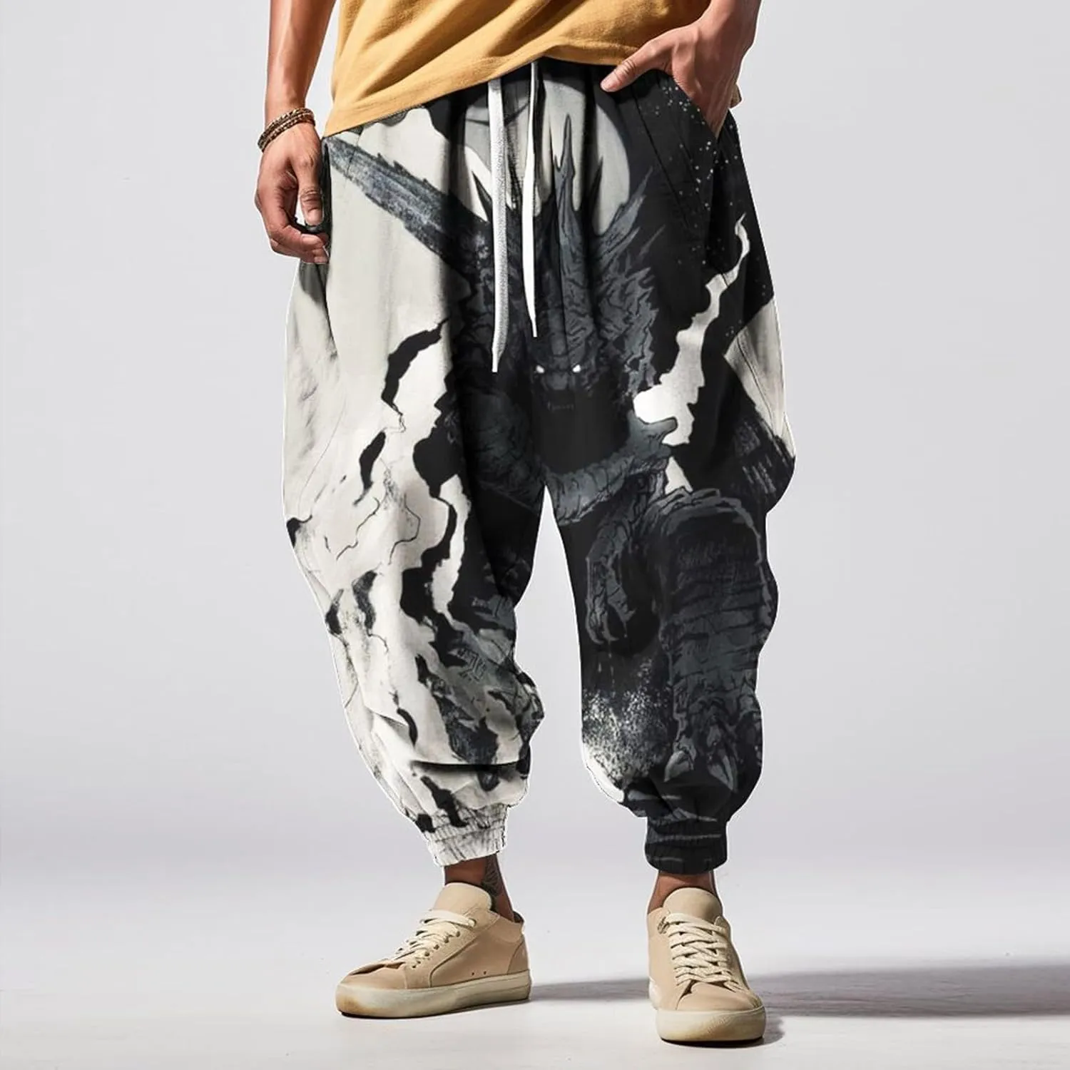 Men Hippie Harem Pants Men's Autumn Fun Print Fashion Street Feel Casual Sweatpants Cotton Drawstring Cargo Pants