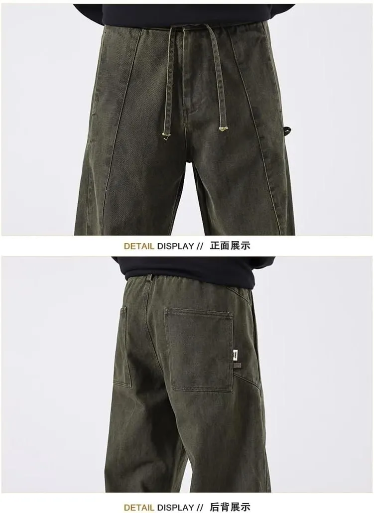 Men Vintage Cotton Cargo Pants Multi-Pocket High Street Distressed Straight Loose Wide-Leg Workwear Trousers