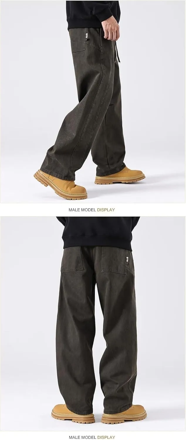 Men Vintage Cotton Cargo Pants Multi-Pocket High Street Distressed Straight Loose Wide-Leg Workwear Trousers