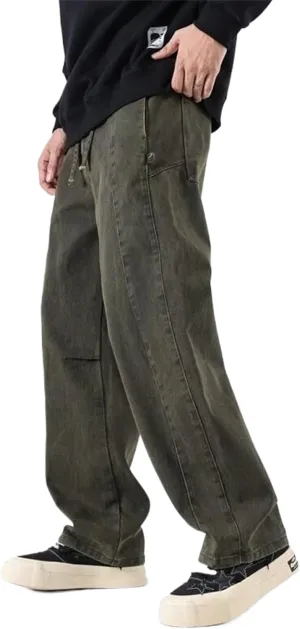 Men Vintage Cotton Cargo Pants Multi-Pocket High Street Distressed Straight Loose Wide-Leg Workwear Trousers