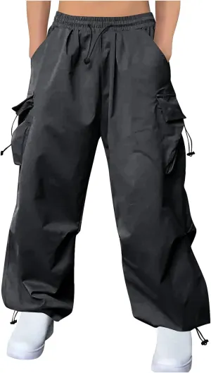 Men's Cargo Pants Drawstring Elastic Waist Casual Lounge Parachute Summer Baggy Street Y2K Trousers with Pockets