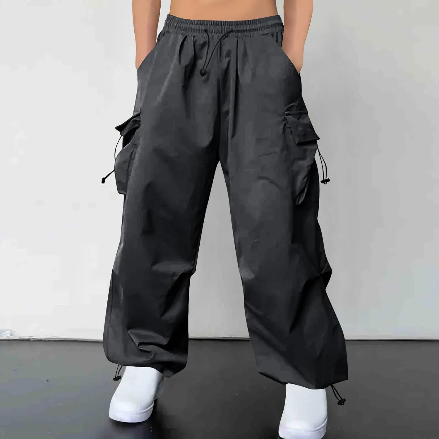 Men's Cargo Pants Drawstring Elastic Waist Casual Lounge Parachute Summer Baggy Street Y2K Trousers with Pockets