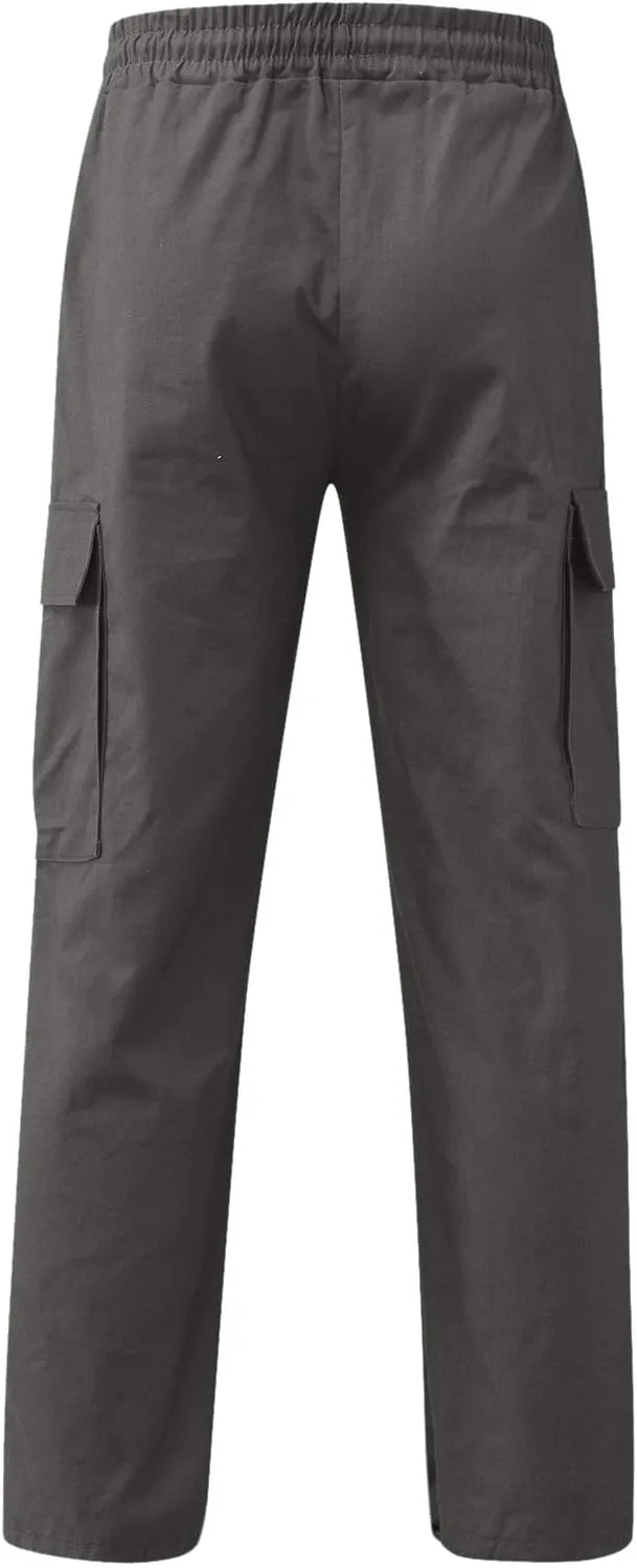 Men's Cargo Trousers Casual Elastic Waist Solid Sports Outdoor Cargo Pant Street Work Trousers with Multi Pockets
