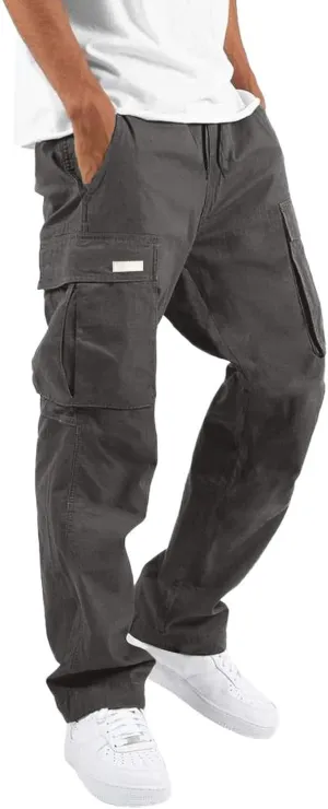 Men's Cargo Trousers Casual Elastic Waist Solid Sports Outdoor Cargo Pant Street Work Trousers with Multi Pockets