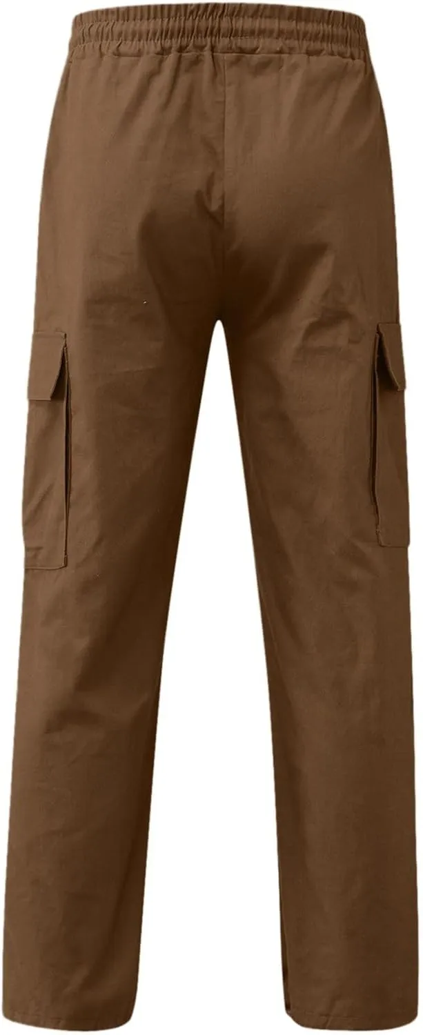 Men's Cargo Trousers Casual Elastic Waist Solid Sports Outdoor Cargo Pant Street Work Trousers with Multi Pockets