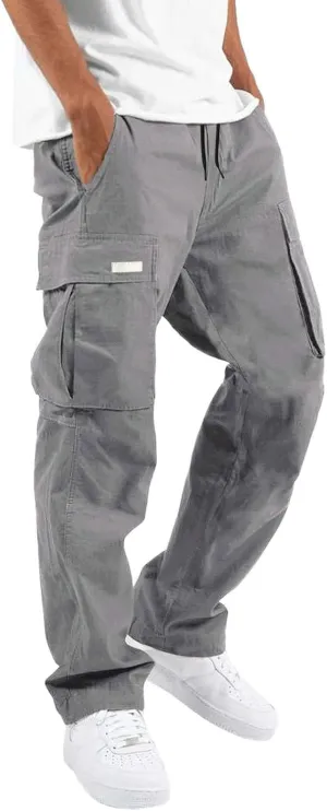Men's Cargo Trousers Casual Elastic Waist Solid Sports Outdoor Cargo Pant Street Work Trousers with Multi Pockets