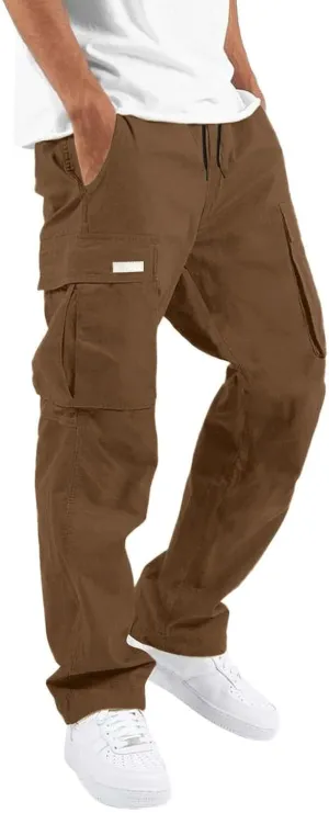 Men's Cargo Trousers Casual Elastic Waist Solid Sports Outdoor Cargo Pant Street Work Trousers with Multi Pockets