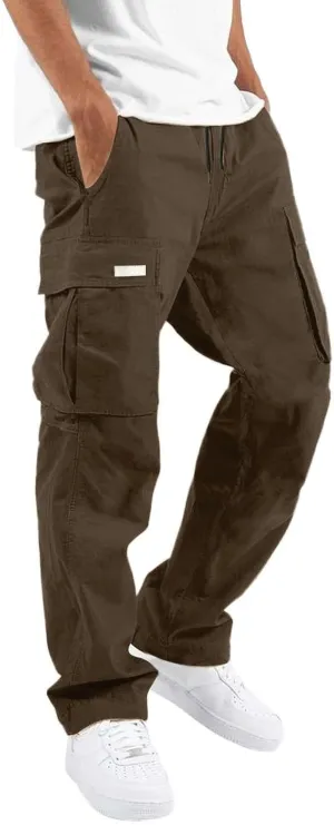 Men's Cargo Trousers Casual Elastic Waist Solid Sports Outdoor Cargo Pant Street Work Trousers with Multi Pockets