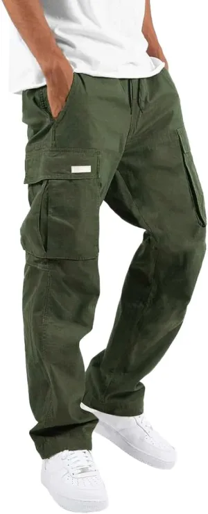 Men's Cargo Trousers Casual Elastic Waist Solid Sports Outdoor Cargo Pant Street Work Trousers with Multi Pockets