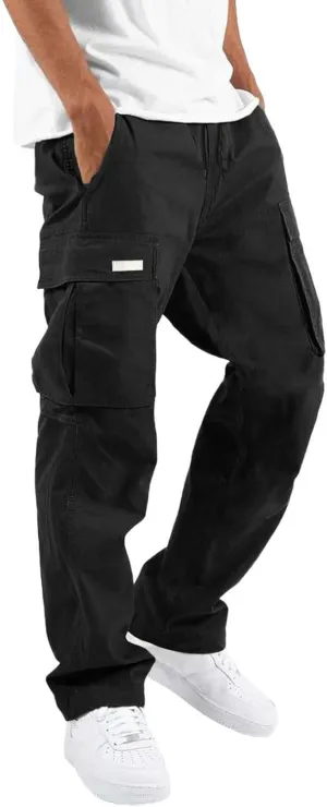 Men's Cargo Trousers Casual Elastic Waist Solid Sports Outdoor Cargo Pant Street Work Trousers with Multi Pockets