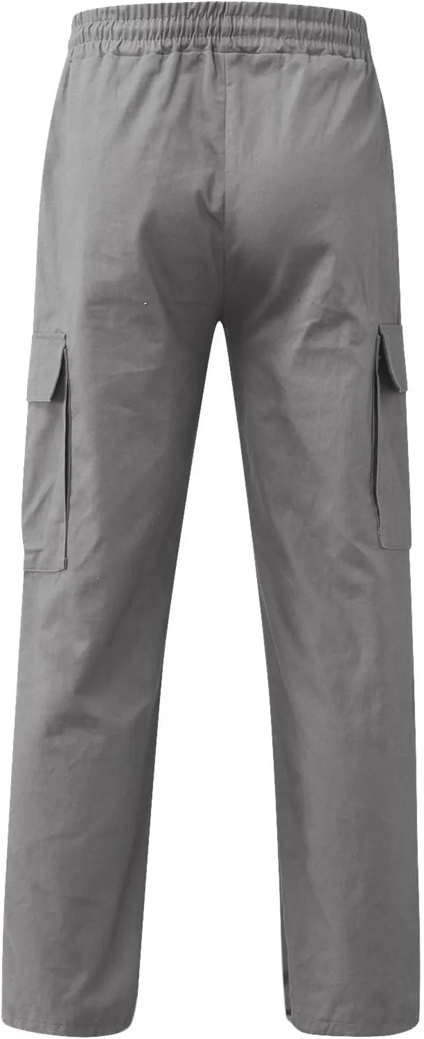 Men's Cargo Trousers Casual Elastic Waist Solid Sports Outdoor Cargo Pant Street Work Trousers with Multi Pockets