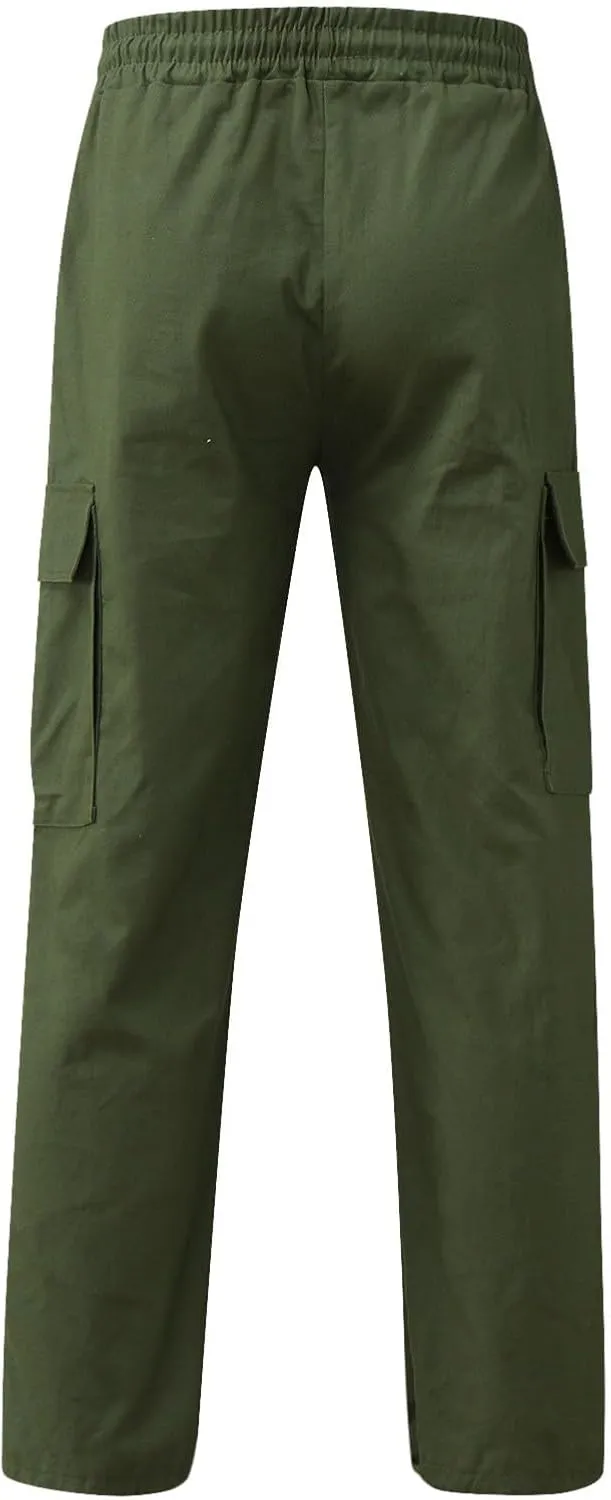 Men's Cargo Trousers Casual Elastic Waist Solid Sports Outdoor Cargo Pant Street Work Trousers with Multi Pockets